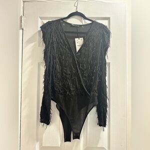 Black Sheer Bodysuit with Fringe - Zara